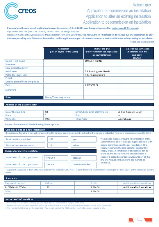 Luxembourg Creos gas business utility bill template in Word and PDF formats